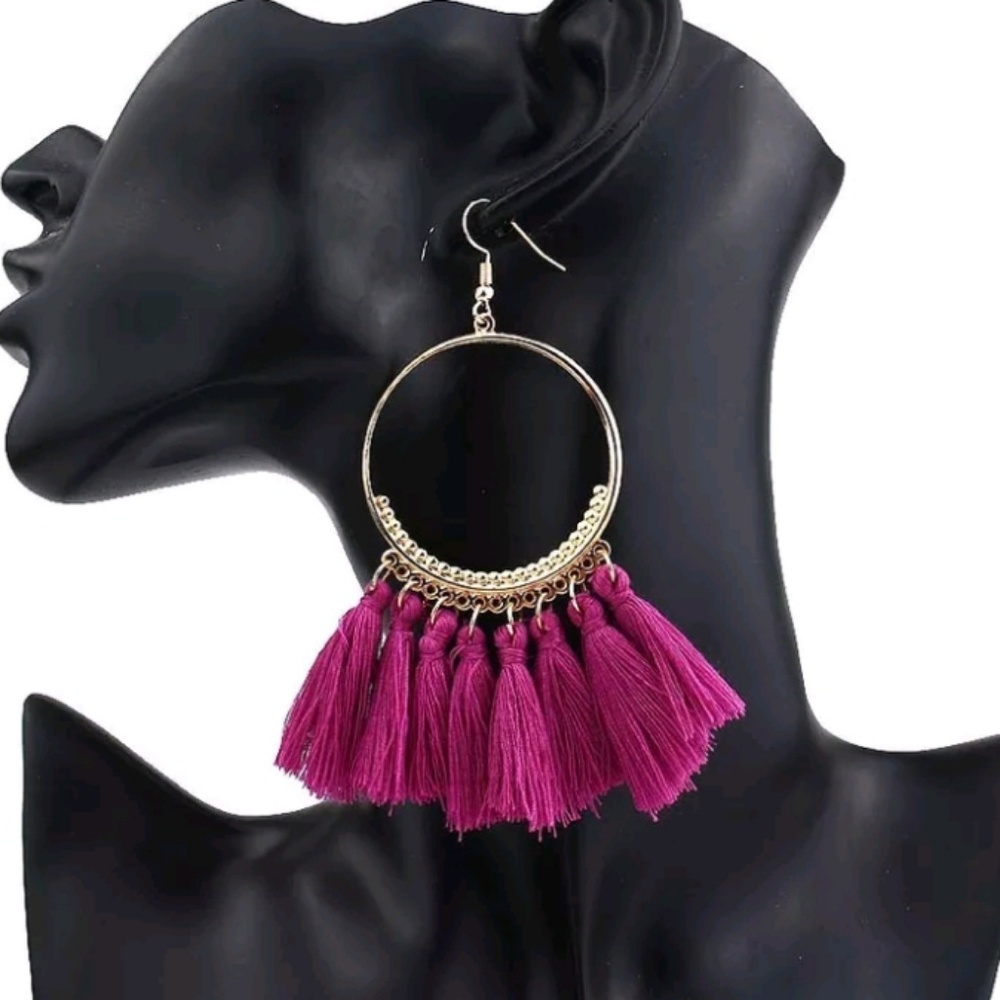 Fuscia Gypsy Bohemian Spanish Tassel Hoop - Picture 3 of 4